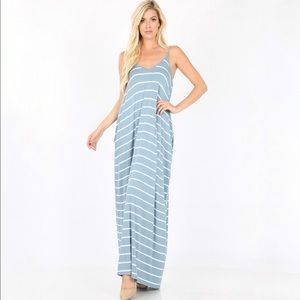 3-Pack Blue-Gray Striped Pocket Maxi Dress